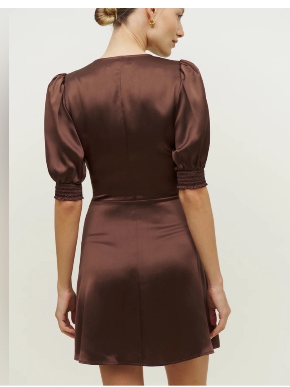 Satin Brown V-Neck Mini Dress with Lace Trim - Picture 2 of 7